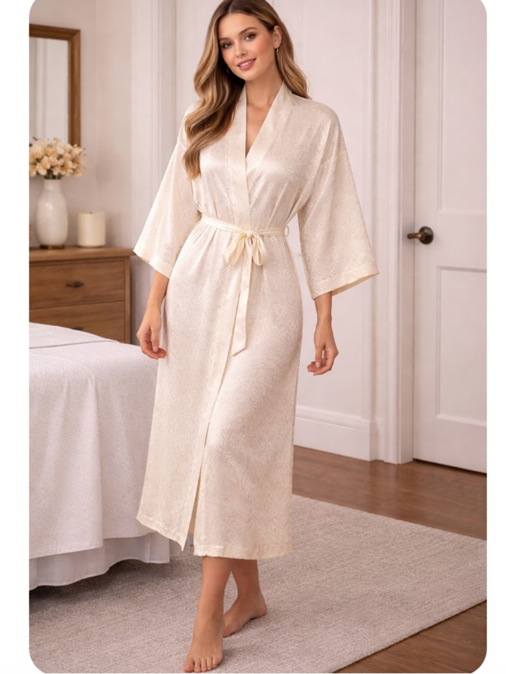 FOUR SEASONS SILK 100% ROBE XL PAISLEYS WHITE NEW BRIDAL BRIDE WEDDING